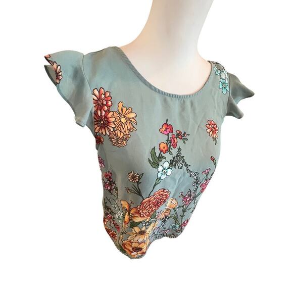twine & string blousen ruffled cap sleeve blue floral top womens small - Picture 2 of 9